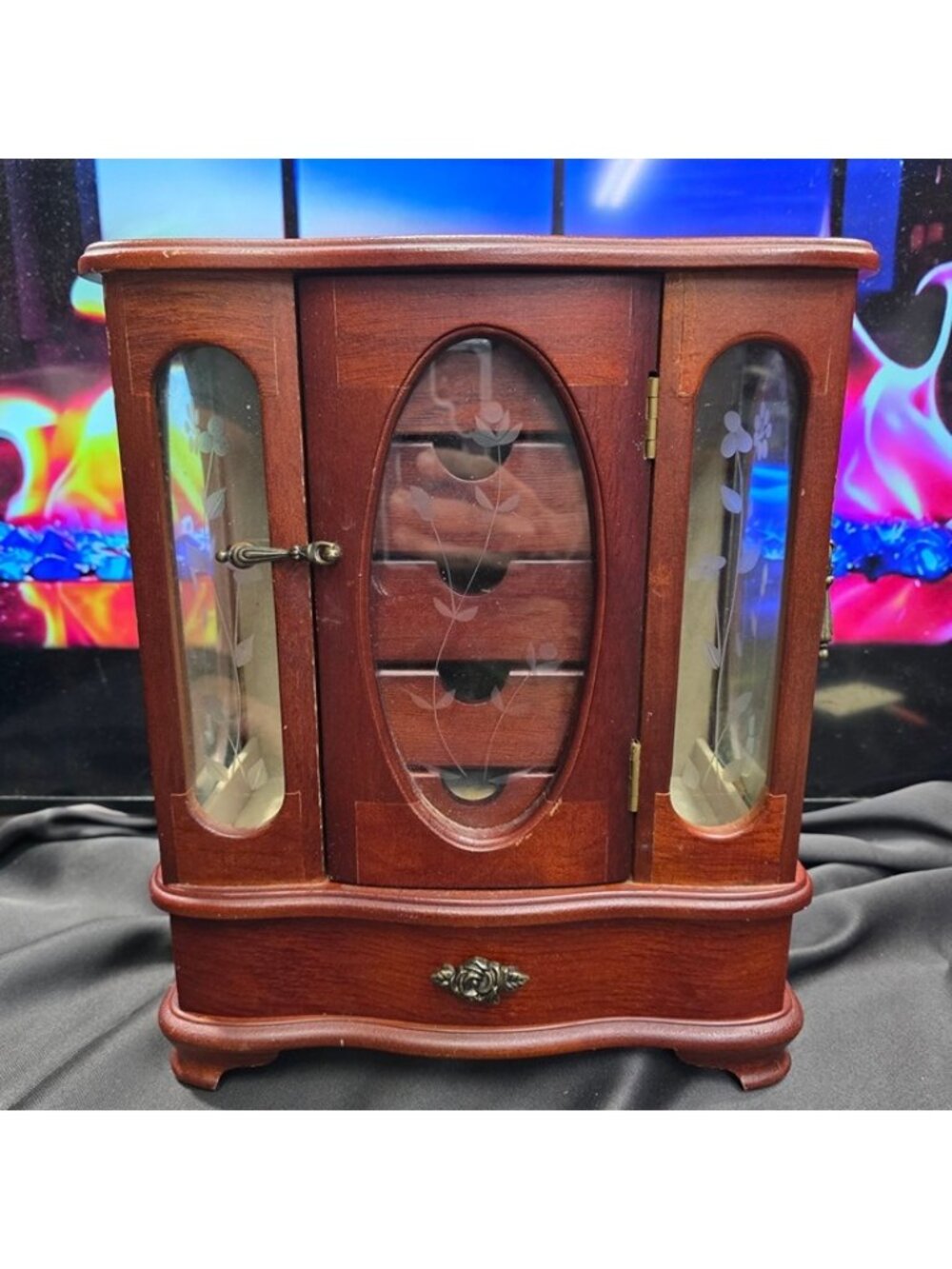 Vintage Wood Jewelry Armoire Cabinet - Etched Glass Doors, 6 Drawers, Necklace H